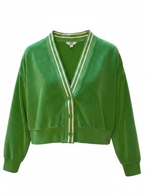 JoyLab Green Cropped V‑Neck Button Cardigan with Cream Stripes